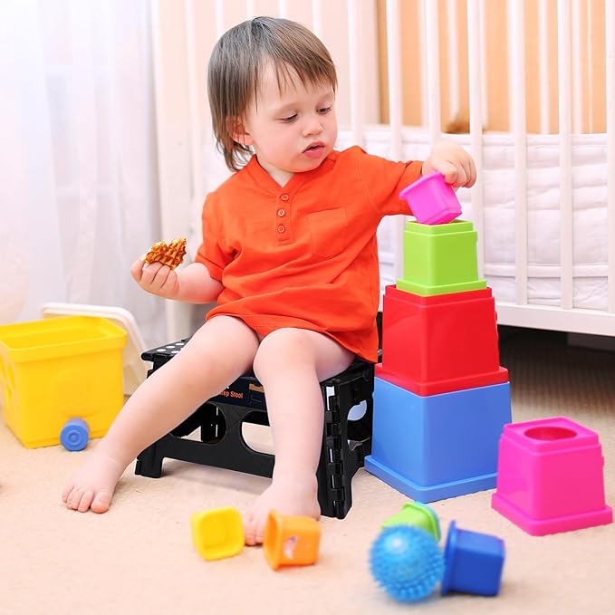 Flottian 9" Folding Step Stool for Adults and Kids 15-Inch Extra Wide Stool Holds Up to 300 lbs,Non-Slip Folding Stools with Handle,Compact Plastic Foldable Step Stool for Bathroom,Kitchen,ect