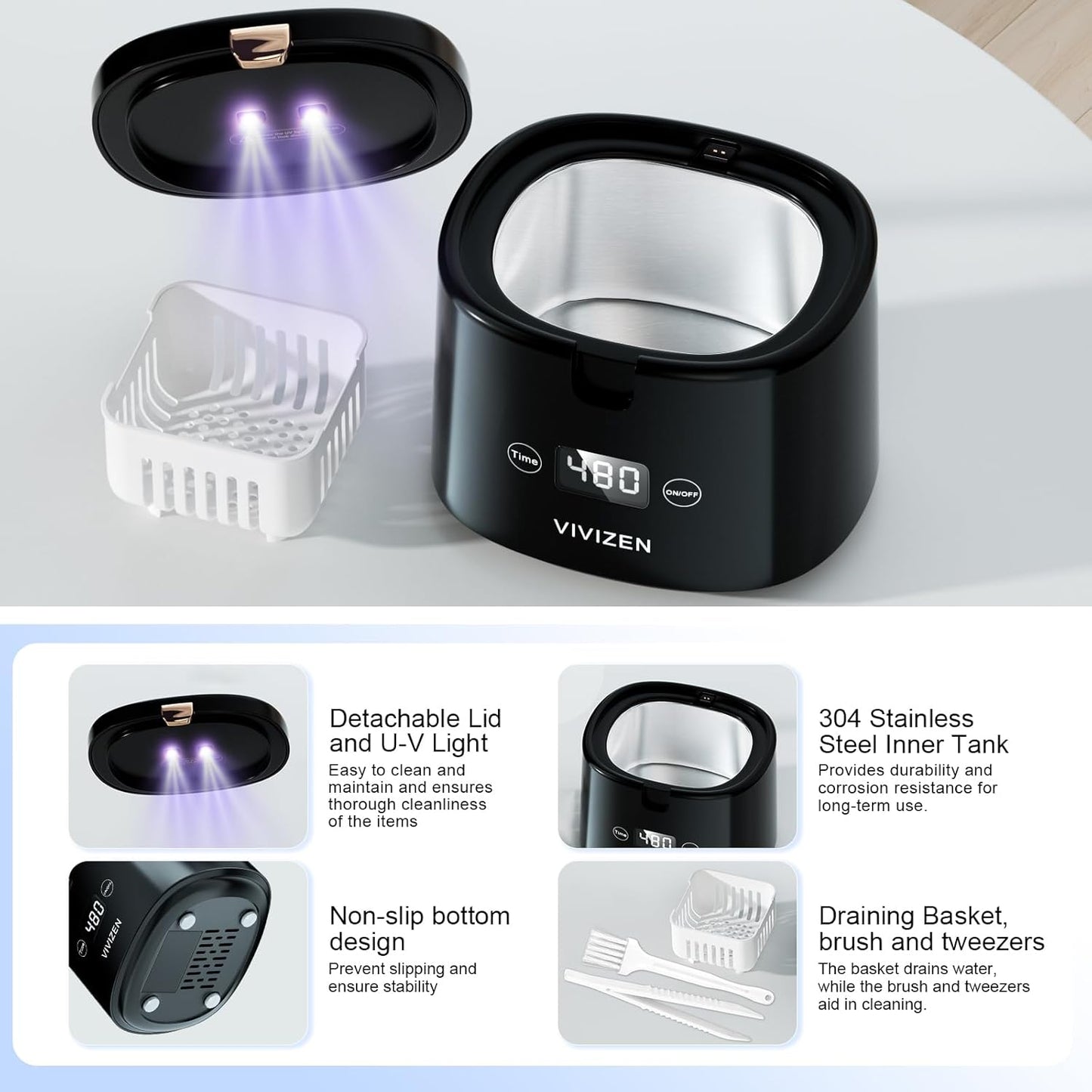 Ultrasonic Retainer Cleaner Machine Sonic Dental Cleaning Machine for Dentures, Aligners, Braces, Mouth Guards, Jewelry, Portable 30W/45kHz (Black)