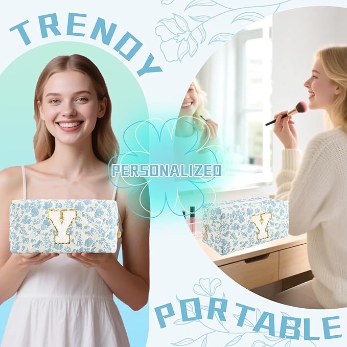 Personalized Quilted Cosmetic Bag, Puffy Monogrammed Christmas Birthday Gifts for Women & Girls, Cute initial Floral Makeup Bag Puffer Coquette Bag, Aesthetic Travel Toiletry Zipper Pouch(Blue,Y)