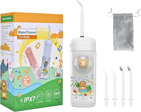 Kids Water Flosser,3 Modes Cordless Portable Water Teeth Cleaner,4 Replaceable Nozzles,IPX7 Waterproof Oral Irrigator Rechargeable,Professional Flossing Cleaning Picks for Home Travel (White)