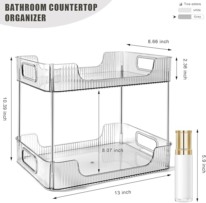2-Tier Bathroom Counter Organizer Countertop Storage, Dresser Organizer Vanity Tray for Makeup, Perfume Organizer Cosmetics Skincare Shelf- Grey