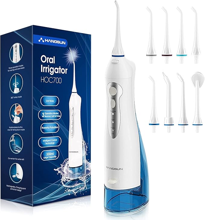 Hangsun Water Flossers for Teeth Cordless Rechargeable Dental Oral Irrigator Water Jet for Teeth Braces Care with 8 Jet Tips for Travel and Home Use (White)