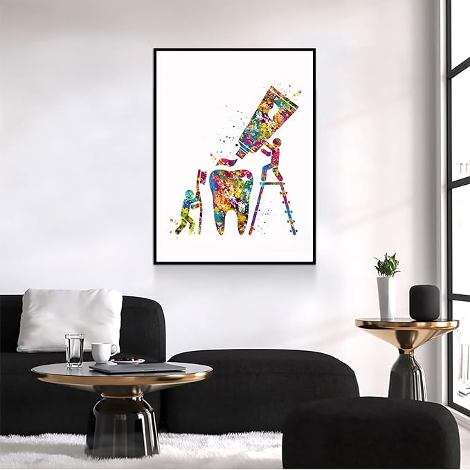 HFKSRJGW Teeth Medical Canvas Prints,Dental Hygienist Art Watercolor Print Dental Care Tools Tooth Medical Art Surgeon Dental Clinic Decor Gift Dentist Dentistry Office,16"x20"Framed Wall Art