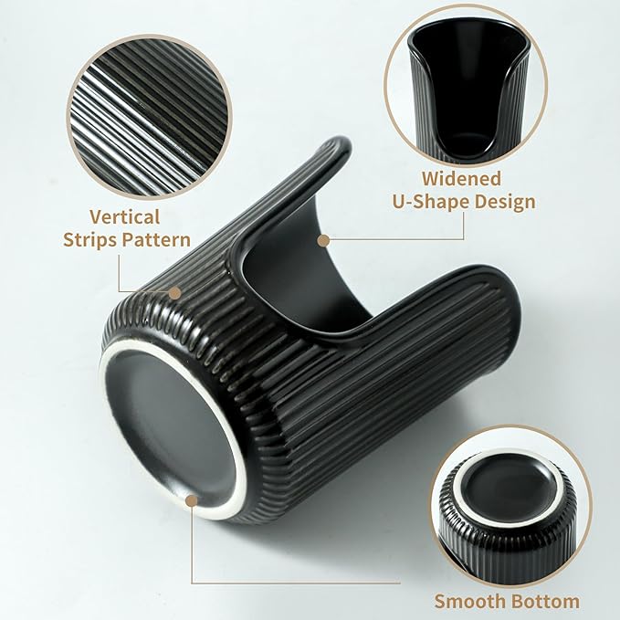 Ceramic Bathroom Cup Dispenser with Stylish Vertical Stripes - Disposable Mouthwash Cup Holder Holds 3-4oz Paper Cups for Rinsing Cups on Bathroom Vanity Countertops (Black)