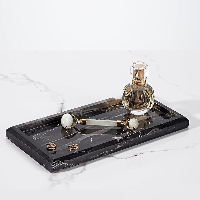 Black Marble Tray for Bathroom, Organic Natural Texture Marble Catchall Tray, Rectangular Durable Heavy Duty Jewelry Storage Platter, Marble Countertop Organizer for Dresser, Home Decor