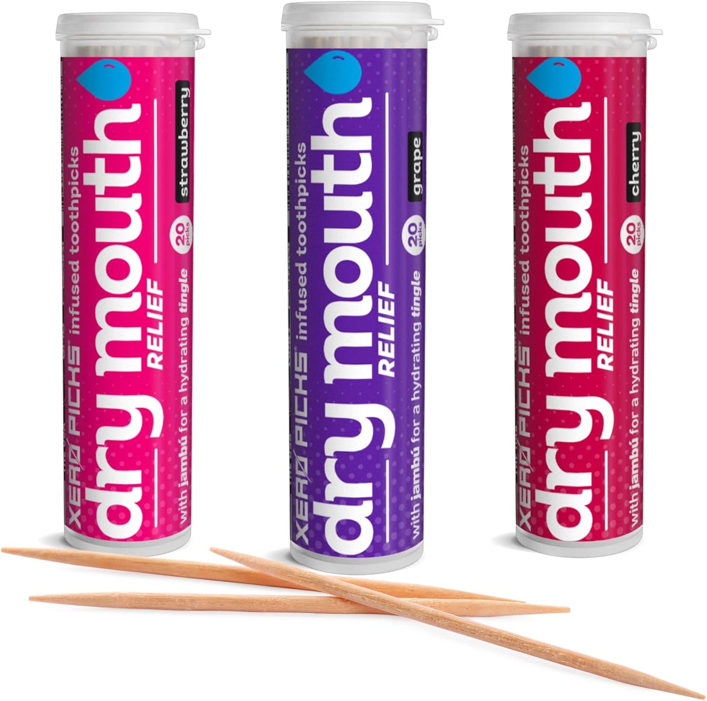 Xero Picks Dry Mouth - Flavor Infused Toothpicks for Long-Lasting Fresh Breath and Dry Mouth Prevention - 60 Picks - 3 Pack - Fruit Variety - Strawberry, Cherry, Grape