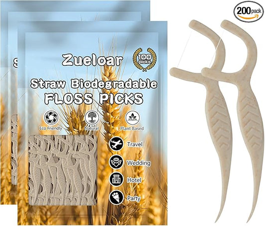 Straw Biodegradable Dental Floss Picks 200 Count,Zueloar Eco Friendly Natural Vegan Plant Based Floss Sticks,Tooth Flosser Clean for Adults Kids Oral Gum Care (200)