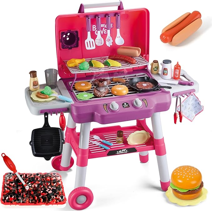 Kids Kitchen Toy Set, Kids BBQ Grill Playset with Smoke Sound Light, 2-Layer Barbecue Toy with Wheel, Simulation Cooking Interactive Toys, Kid Kitchen Playset, Christmas Birthday Gift for Boys Girls