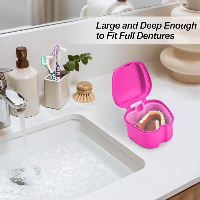 2 Pack Colors Denture Bath Case Cup Retainer Cleaner Holder Case False Teeth Soaking Container Dental Bath Storage Box Case with Strainer Basket and Brush - Rose Red & Black
