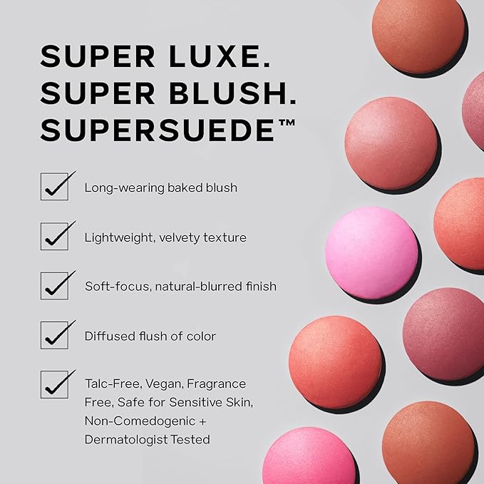 Saie SuperSuede Baked Blush - Talc-Free Powder Blush for Cheeks Infused with Hyaluronic Acid, Glycerin + Squalane - Hydrating Face Makeup for a Natural, Diffused Flush of Color - Mia (0.1 Ounce)