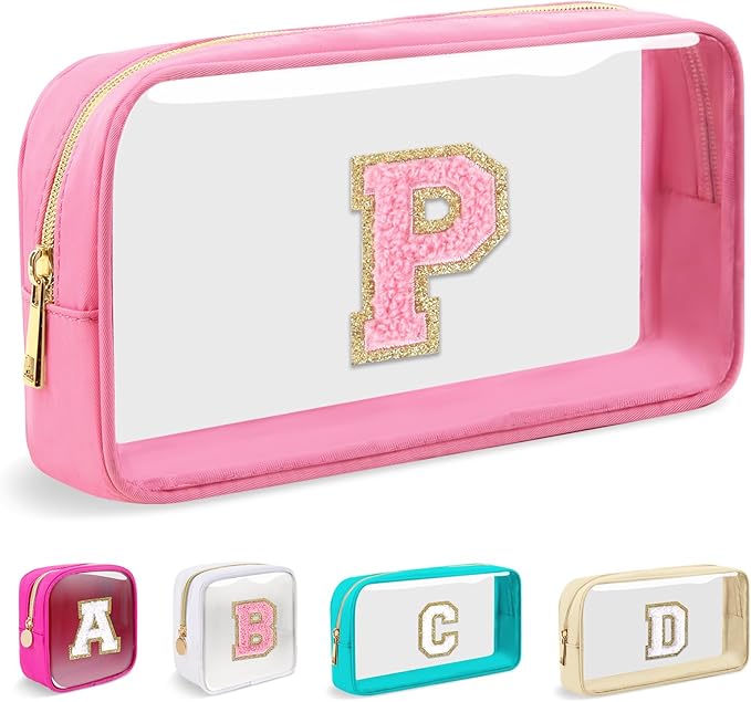 Small Clear Personalized Initial Makeup Bag, Preppy Nylon A-Z Chenille Letter Patch Makeup Organizer TSA Approved Travel Toiletry Bag,Waterproof Zip Beach Cosmetic Pouch Purse for Women(Pink-Pink P)