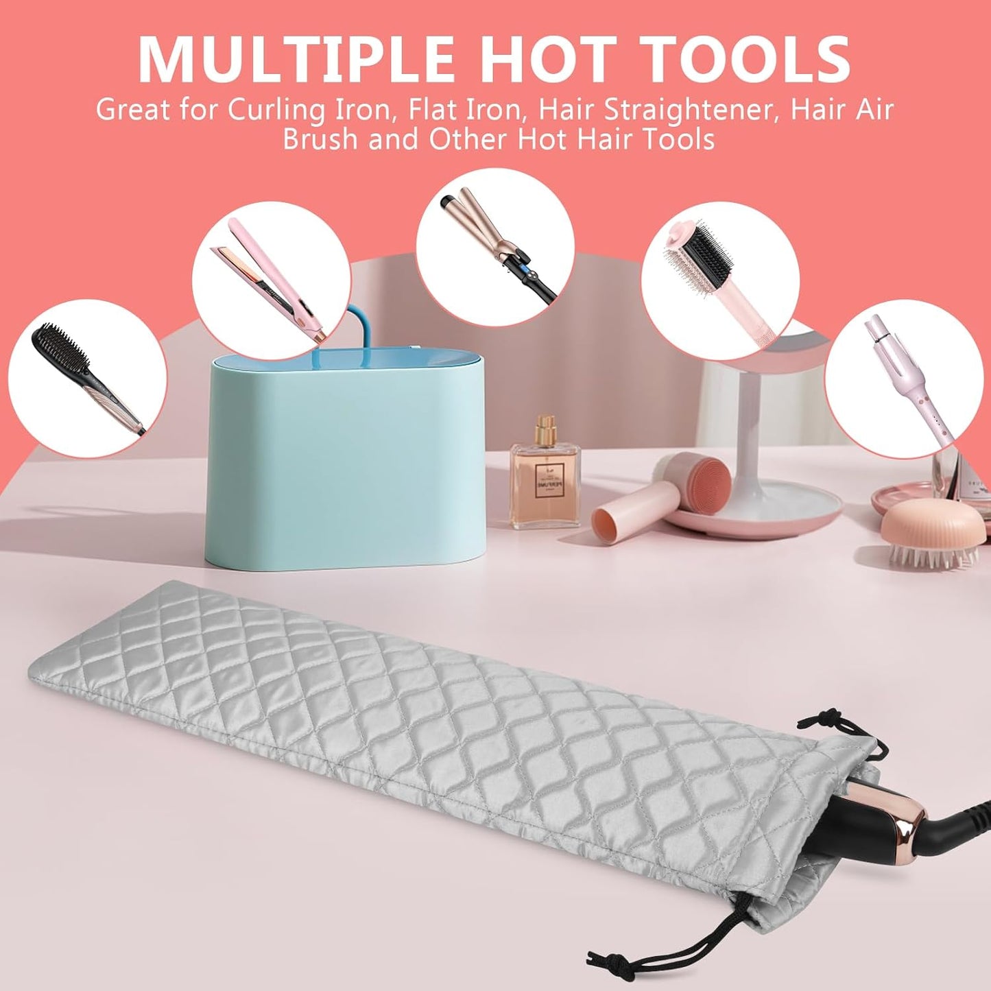 AMIJEAL Heat Resistant Hair Tools Organizer Bag Portable Travel Drawstring Storage Cover Pouch for Hair Straightening Irons, Curling Irons, Flat Irons and Hot Styling Tools(16" x 4.3")