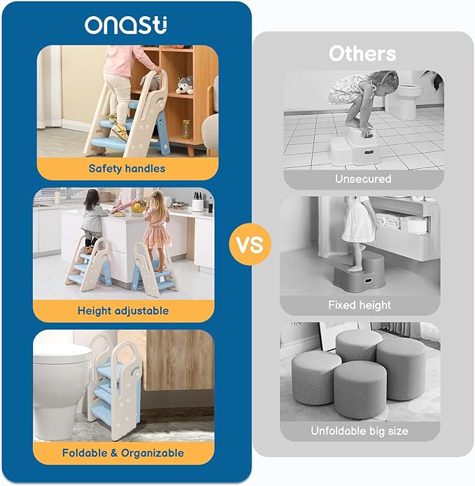 Onasti Foldable Toddler Step Stool for Bathroom Sink, Adjustable 3 Step Stool for Kids Toilet Potty Training Stool with Handles, Child Kitchen Counter Stool Helper, Plastic Ladder for Toddlers Blue