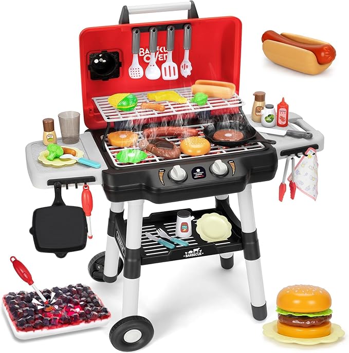 Kids Play Kitchen Toys, Kids BBQ Grill Playset with Smoke Sound Light, 2-Layer Barbecue Toy with Wheels, Outdoor Play Food Toys Cooking Set for Toddlers 3-5, Birthday for Boys Girls