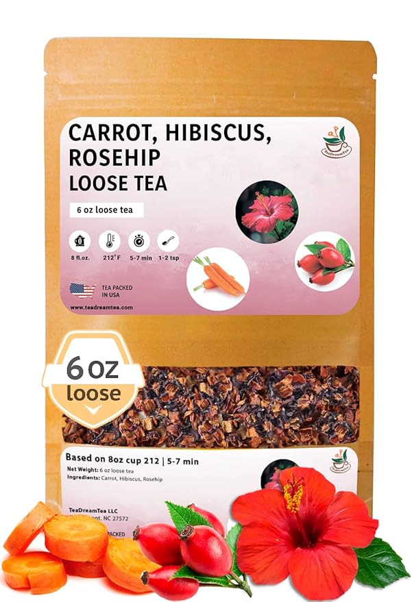 TeaDreamTea – Carrot Hibiscus Rosehip - Loose Leaf Herbal Bulk Tea - Caffeine-Free - Vitamins Rich - Boost Immune System - Carrot Raw from USA - Hot and Iced Tea - 6 ounce / 170 g