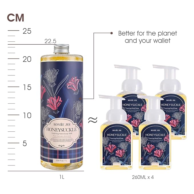 ROMIIE ZOI Foaming Hand Soap Refill Gift Set – Honeysuckle Scent – 3 Pack (1000ML Each) with Dispenser, Gentle & Moisturizing Plant-Based Formula – Bulk Refill Bottles for Bathroom & Kitchen Use