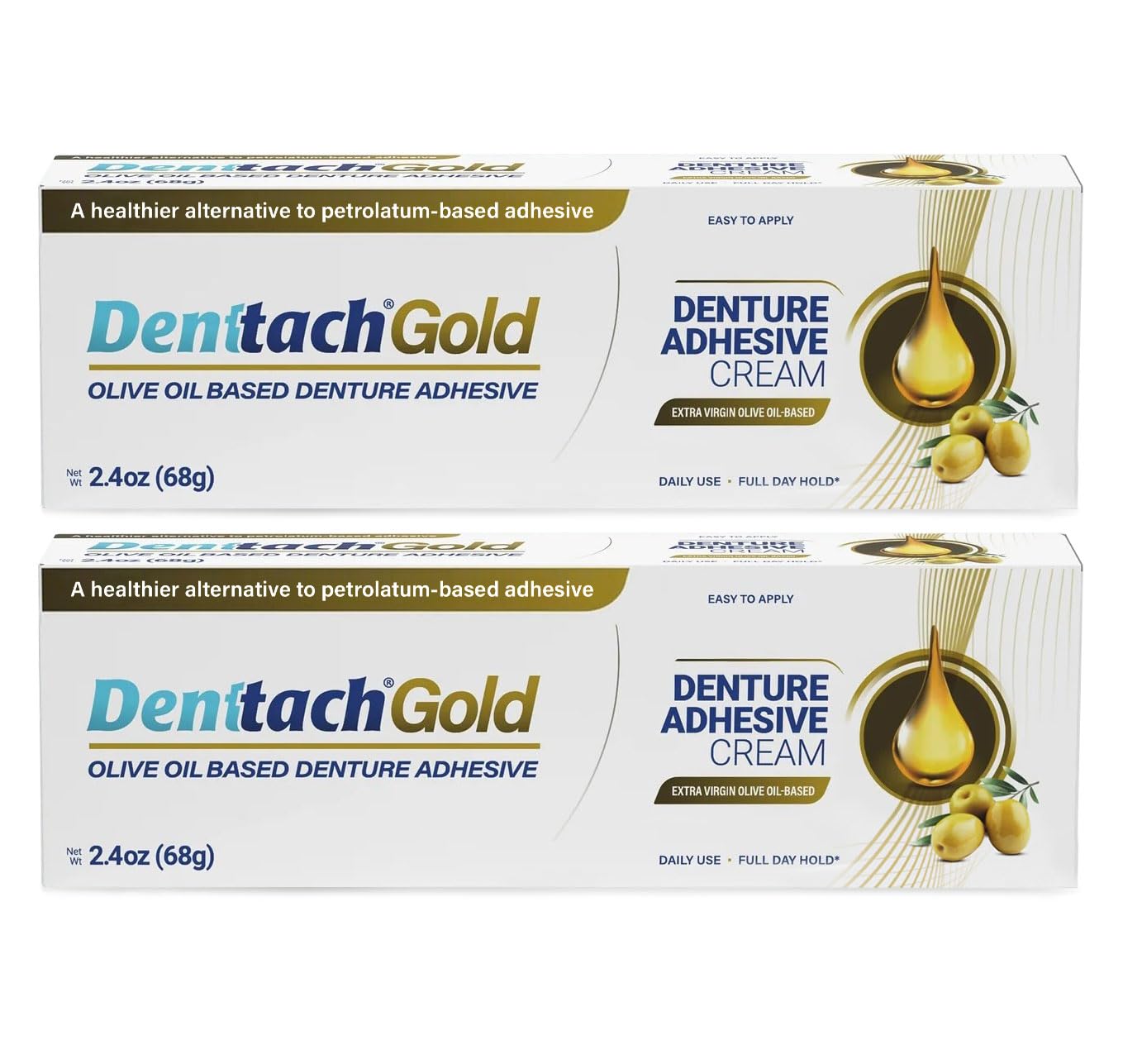 Denttach Gold Denture Adhesive, Petroleum Free Olive Oil Based Premium Denture Adhesive Cream for Full and Partial Dentures, All Day Secure Hold Denture Glue, Zinc Free, 2.4 Ounce (Pack of 2)