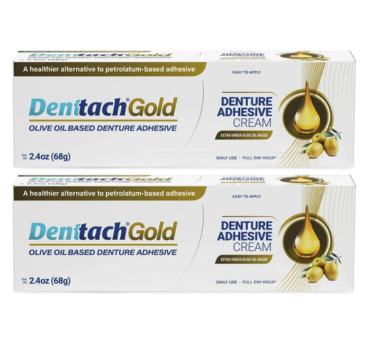 Denttach Gold Denture Adhesive, Petroleum Free Olive Oil Based Premium Denture Adhesive Cream for Full and Partial Dentures, All Day Secure Hold Denture Glue, Zinc Free, 2.4 Ounce (Pack of 2)