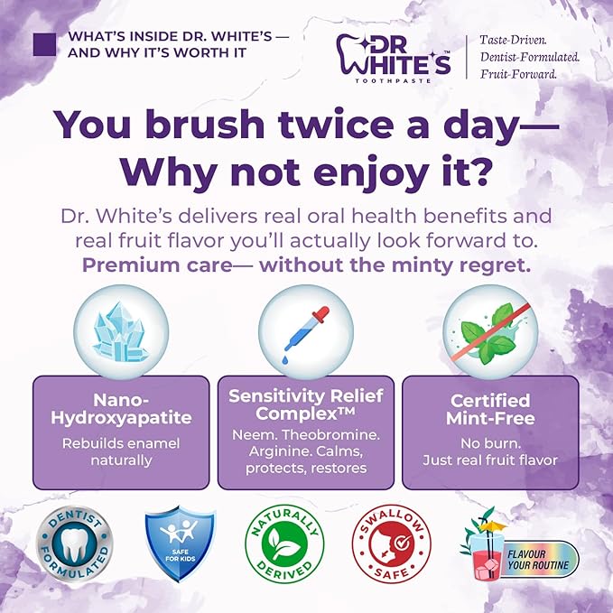 Dr. White’s Fluoride-Free nHA Toothpaste; Dentist-Formulated, Nano Hydroxyapatite + Xylitol, Sensitivity Relief Complex™, Mint-Free, Enamel Safe, Swallow-Safe (3.5 Oz, Passion Fruit Kiss)