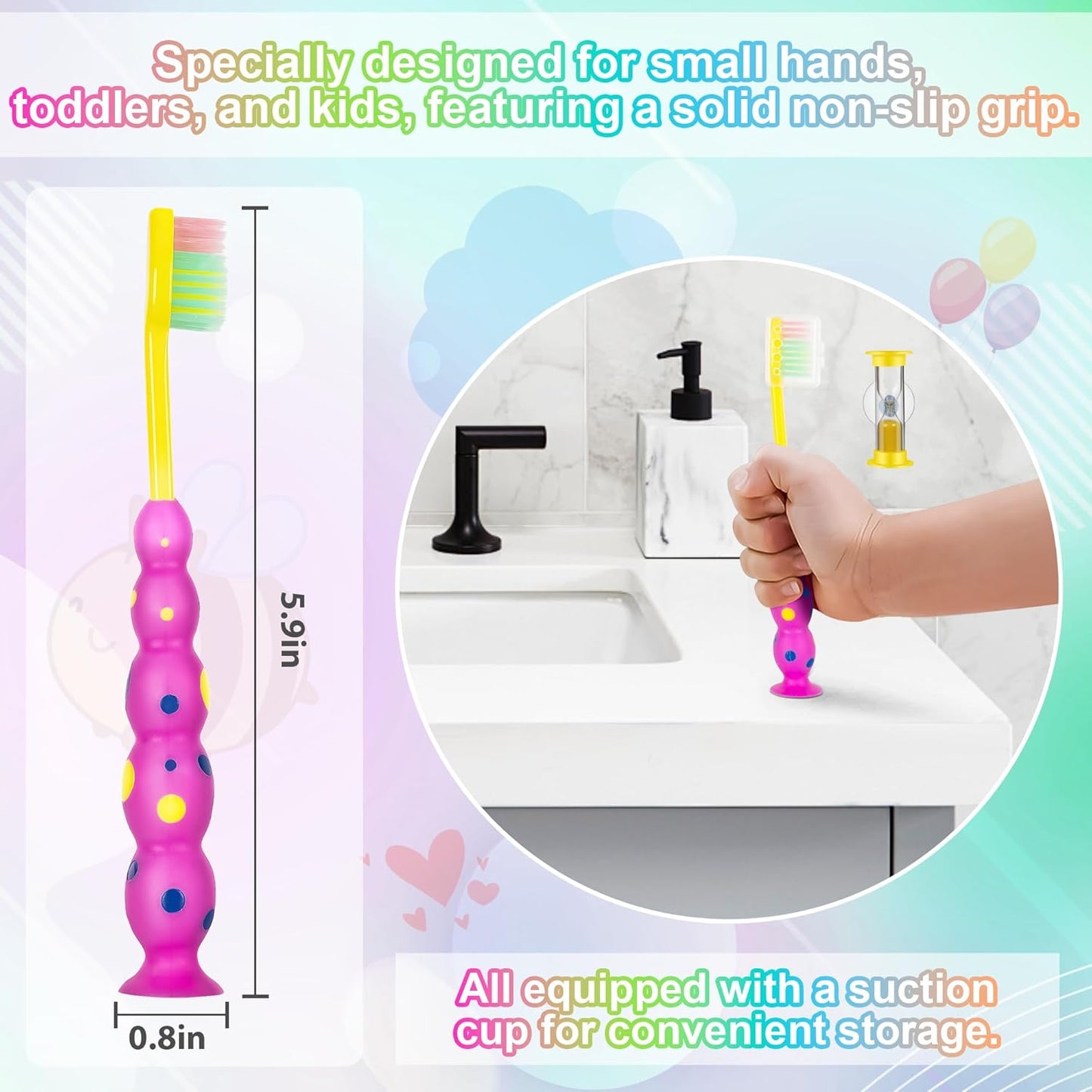 Kids Toothbrush, Toddler Toothbrush Age 2-4 and Older, with Suction Timer, Children Sized Brush Heads (3-10 Year Old), Flossing Bristles, Pack of 4