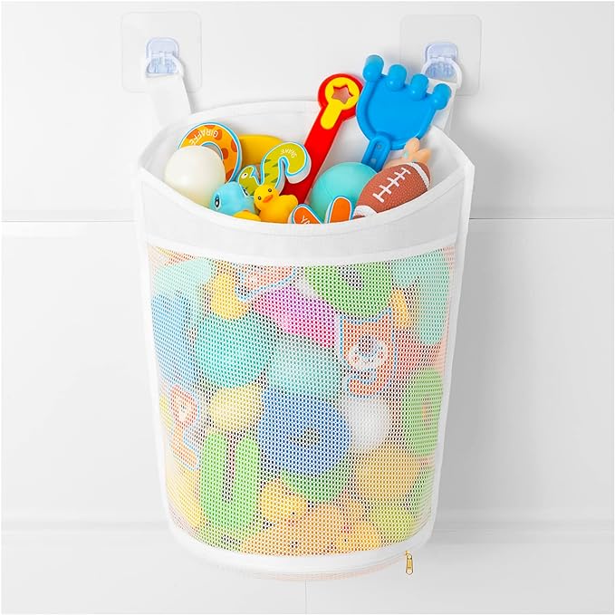 Large Capacity Baby Mesh Bath Toy Organizer, Multiple Ways to Hang, Extra Large Opening Bathroom Toy Storage, Bottom Zipper Bathtub Toy Storage Bag, Baby Shower Games bath Tub Accessory (White)