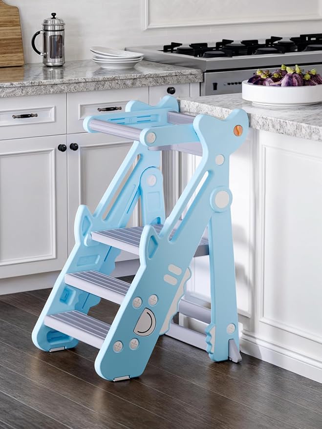VBABY Foldable Toddler Tower, Plastic Kitchen Stool Helper for Kids, Adjustable Height Standing Tower, Certified Toddler Step Stool, Blue
