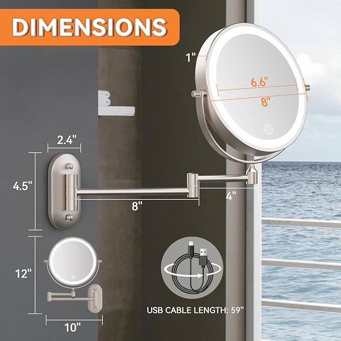 1X/20X Wall Mounted Makeup Mirror with Light, 8" Rechargeable Double-Sided Magnifying Mirror, Vanity Mirror Dimmable 3 Color Light, 360° Extension Rotation Foldable 14.5 Inch Arm, Brushed Nickel