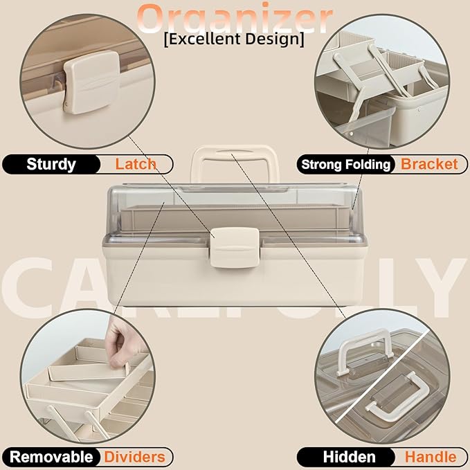 12.5in 3-Layer Multipurpose Craft Organizers and Storage with Adjustable Dividers, Portable Tackle Box, Folding Art & Craft Case for Medicine, Tool, Sewing Organizer (Brown)