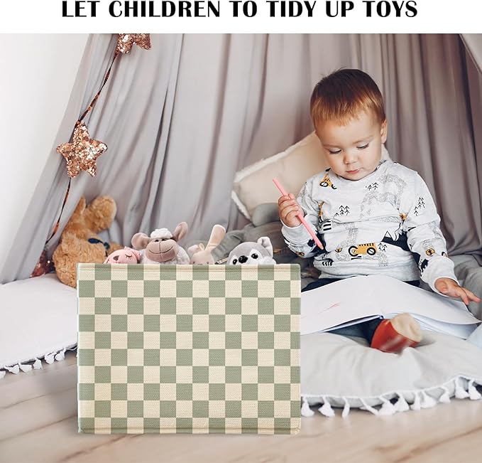 Sage Green Checkered Storage Basket Organizer Bins With Handles,Rectangular Organizing Decorative Storage Basket for Kids,Cute Aesthetic Checkered Room Decor for Bedroom Bathroom Classroom