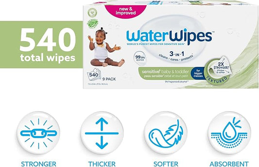 WaterWipes Sensitive+ Baby & Toddler Wipes, 3-In-1 Cleans, Cares, Protects, 99.9% Water, Textured Clean, Unscented & Hypoallergenic, 540 Count (Pack of 9)