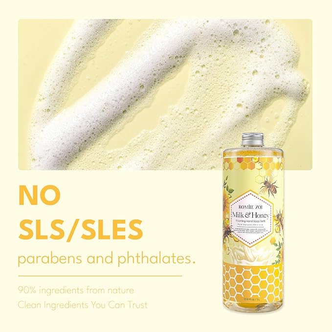 ROMIIE ZOI Foaming Hand Soap Refill Gift Set – Honey & Milk Scent – 3 Pack (1000ML Each) with Dispenser – Gentle & Moisturizing Plant-Based Formula – Bulk Refill Bottles for Bathroom & Kitchen Use