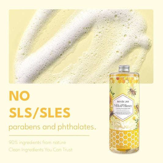 ROMIIE ZOI Foaming Hand Soap Refill Gift Set – Honey & Milk Scent – 3 Pack (1000ML Each) with Dispenser – Gentle & Moisturizing Plant-Based Formula – Bulk Refill Bottles for Bathroom & Kitchen Use