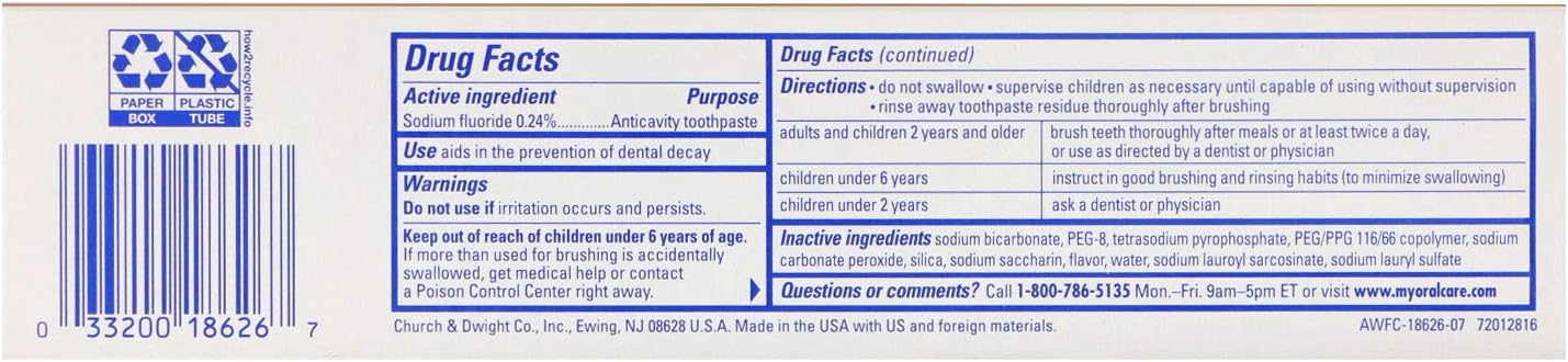 Arm & Hammer Advance Toothpaste Baking Soda Peroxide Tartar Control, White, 6 Ounce