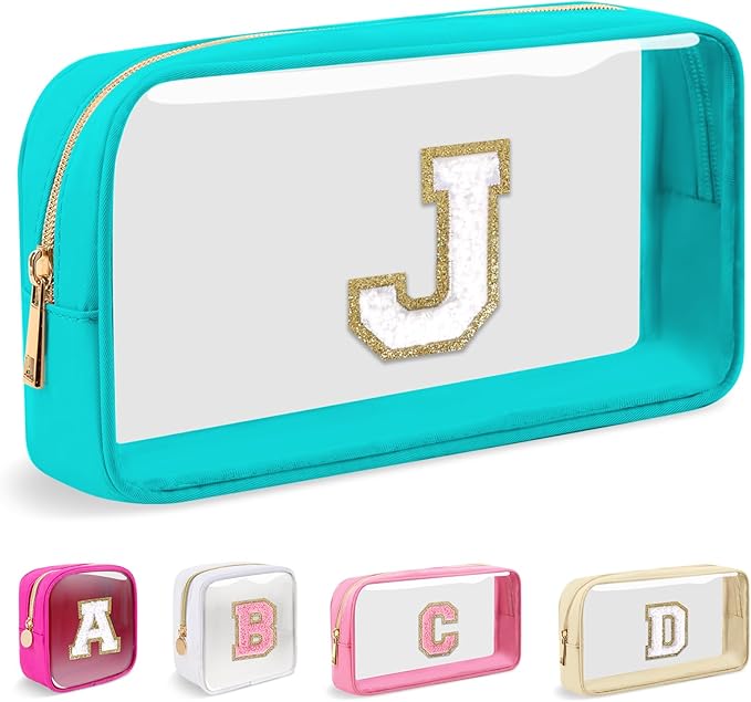 Small Clear Personalized Initial Makeup Bag,Nylon Preppy A-Z Chenille Letter Patch Cosmetic Pouch Beach Toiletry Bag,Waterproof Zipper Travel Purse Storage Bag Organizer for Women Girls(Cyan-White J)