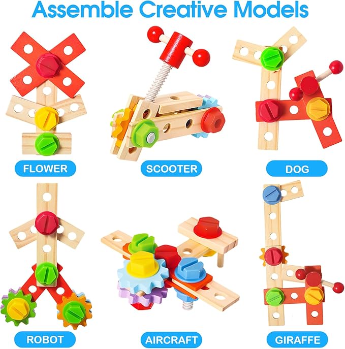 Kids Tool Set with Electric Drill, 39 Pcs Wooden Toddler Play Tool Bench Kits with Tool Box, Montessori STEM Educational Pretend Construction Toy for 3 4 5 6 Year Old Boys Girls Birthday Gifts