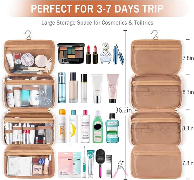 Travel Toiletry Bag for Women Hanging Travel Toiletry Organizer for Full-sized Toiletries Portable Water-resistant Travel Bag with Hanging Hook and 4 Compartments for Travel Essentials and Cosmetics