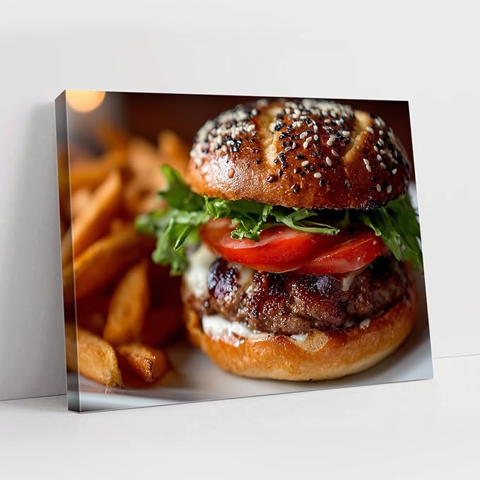 SchindlerBang Large Kitchen Wall Art,Delectable Burger Painting,Bold Decor for Restaurants,Home Kitchens,or Foodie Spaces,Vibrant Print,16x24inch Ready to Hang