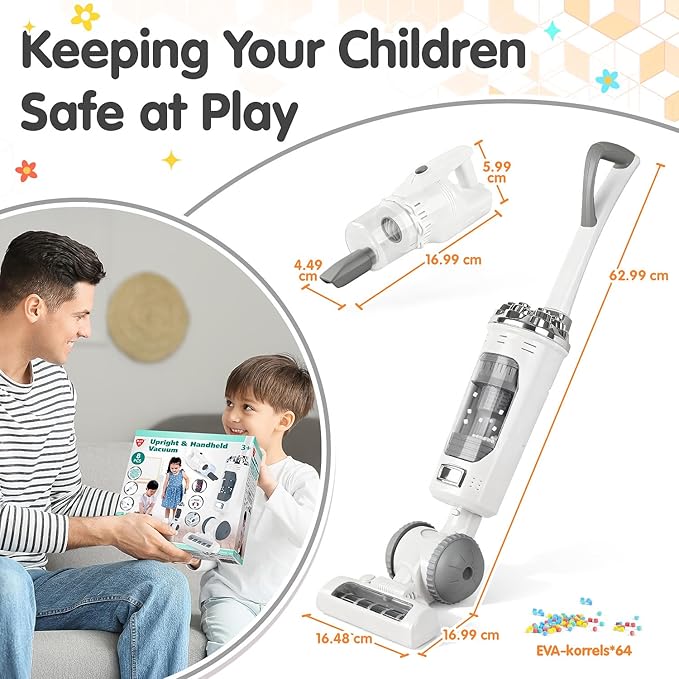 Kids Vacuum Cleaner Toy Set for Toddlers - 2PCS Toy Vacuum Sets for Toddlers 3+ Toddler Vacuum Toy That Works with Sound Effects, Baby Play Vacuum Pretend Role Play Household Housekeeping (White)