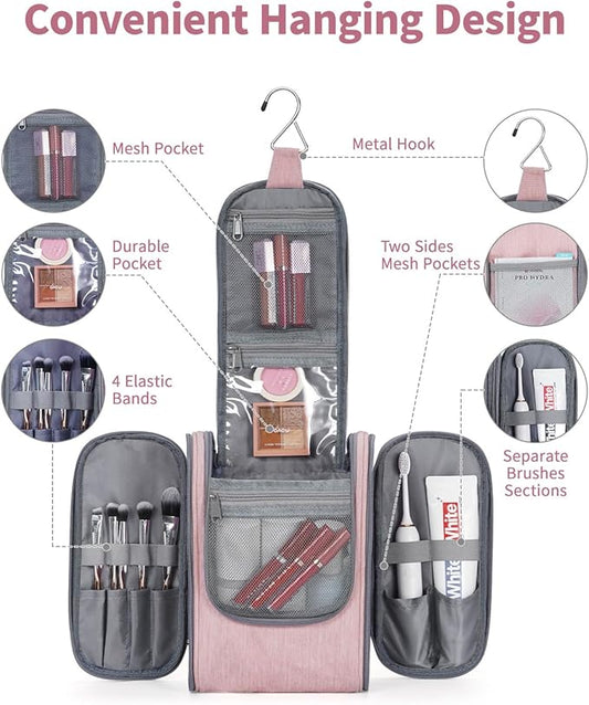 Narwey Small Hanging Toiletry Bag Women Travel Makeup Bag Organizer Toiletries Bag for Travel Size Essentials Accessories Cosmetics (Medium, Pink)