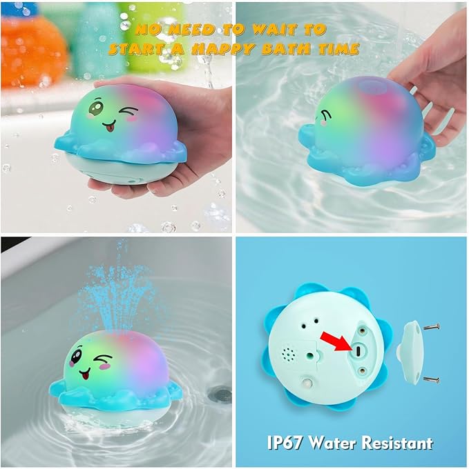 Light Up Bath Toy Sprinkler for Babies, Rechargeable Bathtub Pool Water Toys Baby Gifts for Toddlers, Shower Essentials (Blue Octopu)