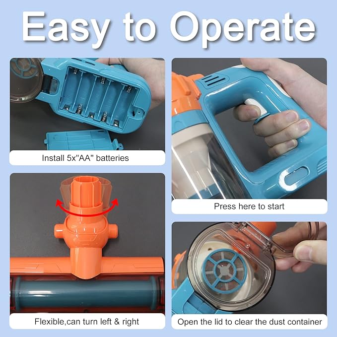 3-in-1 Kids Vacuum That Really Works, Toddler Toy Vacuum Cleaning Set for Children Aged 3+, Fun Kids Working Toy Vacuum Cleaner with Working Suction for Realistic Play (630Blue)