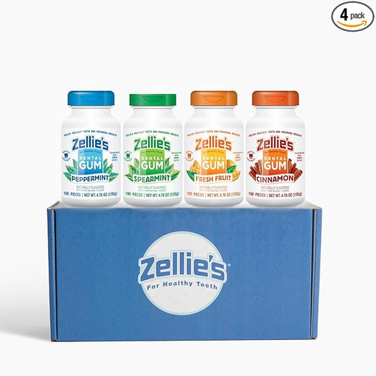 Zellie’s | 100% Xylitol | Gum Gift Set | Peppermint, Spearmint, Fresh Fruit, & Cinnamon | No Aspartame, Gluten Free, Vegan & Kosher Gum (100 Count – Pack of 4)