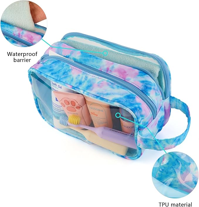 Kids Toiletry Bag for Girls, Travel Clear Toiletry Bag for Little Young Girls Cosmetic Bag Makeup Bag Waterproof Hanging Toddler Wash Bag, Blue Tie Dye