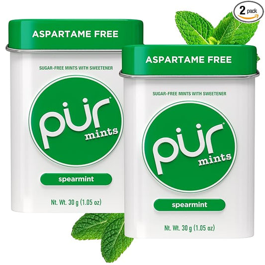 PUR Mints | Aspartame Free Mints | Made with Xylitol | Sugar Free, Vegan, Gluten Free & Keto Friendly | Natural Spearmint Flavored Mints, 30 Pieces (Pack of 2)