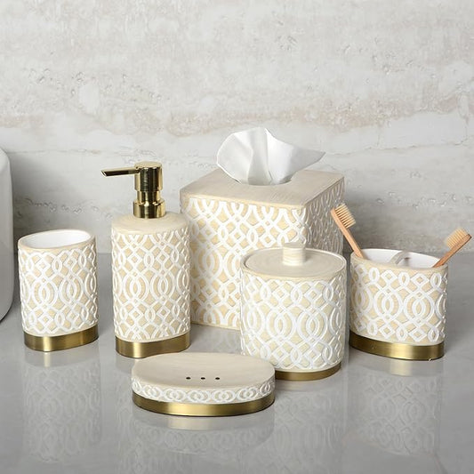 6-Piece Bathroom Accessories Set – Soap Dispenser, Toothbrush Holder, Tumbler, Soap Dish, Cotton Swab Jar & Toilet Brush – Modern Bathroom Decor Set (Solana)