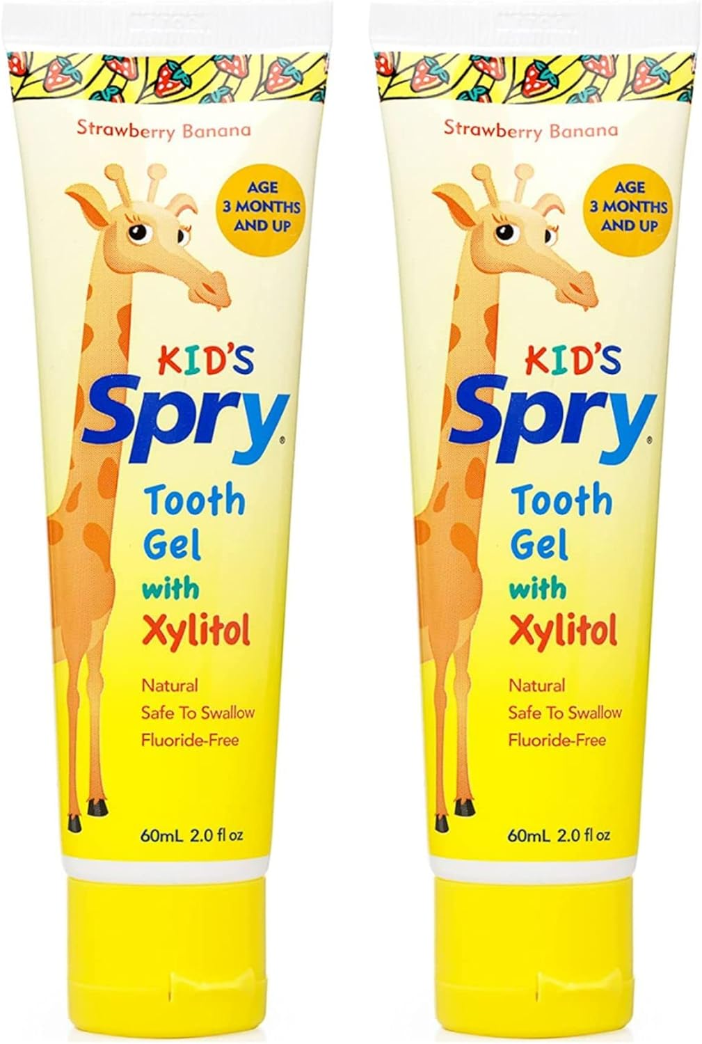 Spry Natural Xylitol Toothpaste for Baby, Toddler and Kids Age 3 Months and Up - Fluoride Free Tooth Gel, Tasty, Support Development of Emerging Teeth, Strawberry Banana 2 Fl Oz (Pack of 2)