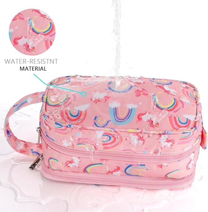 Unicorn Kids Toiletry Bag for Girls, Travel Toiletry Bag for Little Young Girls Cosmetic Bag Makeup Bag Waterproof Hanging Wash Bag Toddler Toiletries, Rainbow Pink