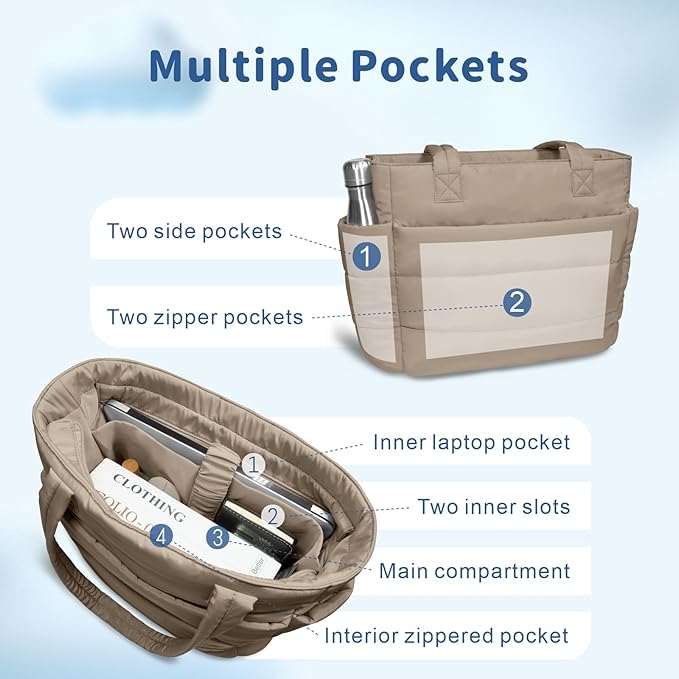 TOPDesign Puffer Tote Bag for Women, Lightweight Puffy Handbag with Compartments, Quilted Shoulder Bag for Work, Travel, Gym