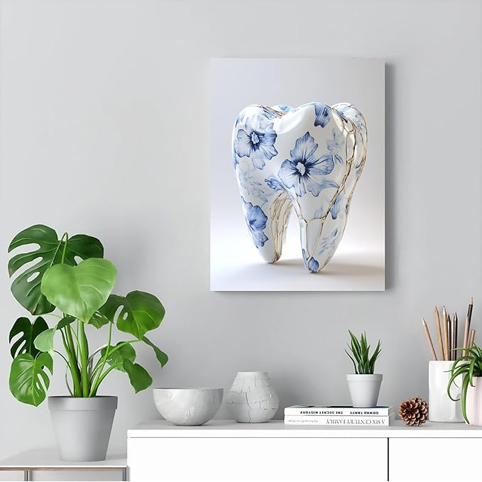 SchindlerBang Dentistry Student Graduation Gift,Teeth Anatomy Wall Art,Floral Mechanical Tooth Poster,Home Bedroom Clinic Decor,12x16inch Framed Print Ready to Hang