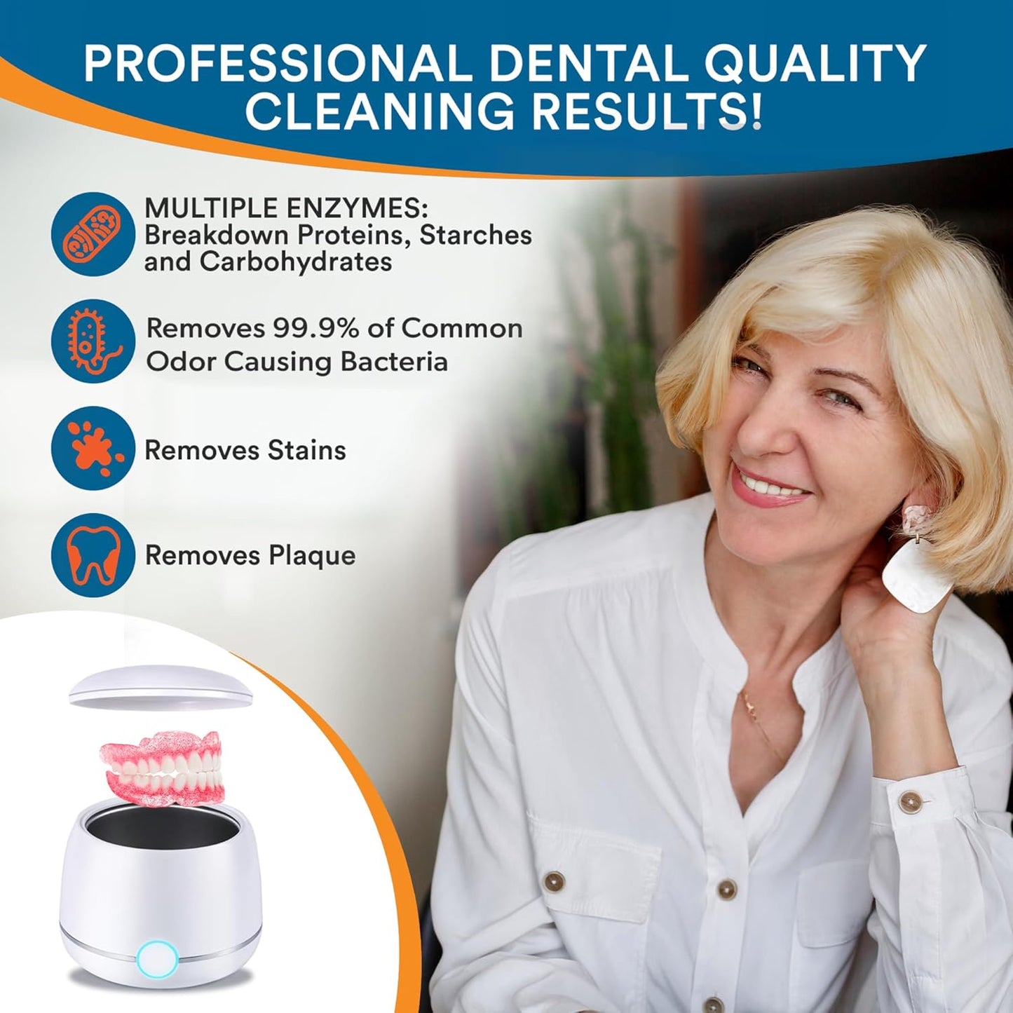 Ultrasonic Denture Cleaner - Denture Cleaner for All Types of Dentures - Denture Cleaning Solution Removes Stains, Plaque, Grime, and Build-up (8 Ounces)